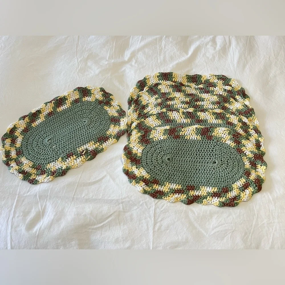 Set of 6 Vintage Oval Hand Crocheted Placemats | Green Yellow Brown